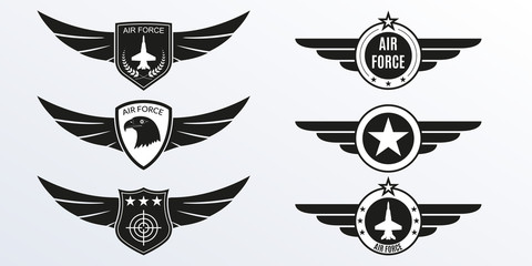 Air Force logo with wings, shields and stars. Military badges. Army patches. Vector illustration. 