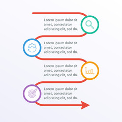 Wall Mural - Business info graphic with 4 steps or options with arrow, circle elements and space for text. Infographic template for business process, presentation, workflow layout, banner. Vector illustration.