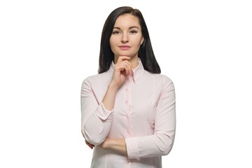 Wall Mural - Confident young business woman in pink shirt on white isolated background