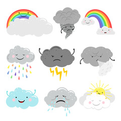 cute cartoon characters vector weather icons set with emotional clouds