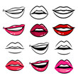 Colorful and line female lips vector set on white background