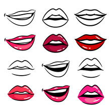 Colorful And Line Female Lips Vector Set On White Background