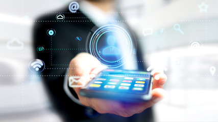 Poster - Businessman using a smartphone with a Contact icon surrounding by app and social icon - 3d render