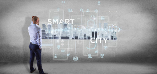 Poster - Businessman in front of a wall with Smart city user interface with icon, stats and data 3d rendering