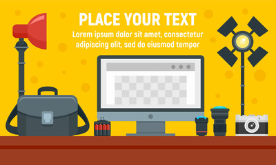 Poster - Home studio photographer equipment concept banner. Flat illustration of home studio photographer equipment vector concept banner for web design