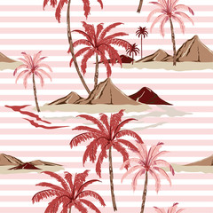 Summer Sweet Seamless tropical island pattern with light pink stripes Trendy hand drawn style . palm tree and leaves illustration oceans vibes design