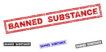 Grunge BANNED SUBSTANCE Rectangle Stamp Seals Isolated On A White Background. Rectangular Seals With Grunge Texture In Red, Blue, Black And Grey Colors.