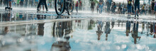 Reflection Of The Crowd Of Merry People In The City Fountain, In The Pool. Bright Sunny Spring Or Summer Day.