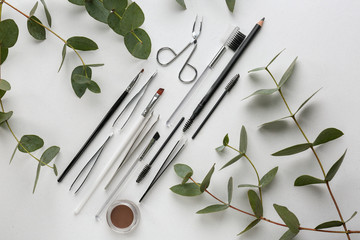 set of tools for eyebrows correction and tropical branches on white background