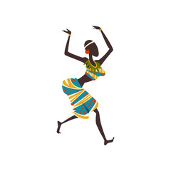 Sticker - African Girl Dancing Folk or Ritual Dance, Woman Aboriginal Dancer in Traditional Ethnic Clothing Vector Illustration