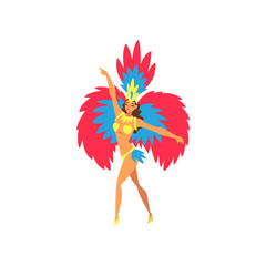 Canvas Print - Young Woman in Bright Festival Costume Dancing Samba, Brazilian Carnival Dancer, Rio de Janeiro Festival Vector Illustration