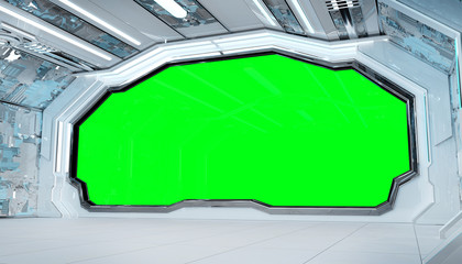 Fototapete - White blue spaceship futuristic interior mockup with window view 3d rendering