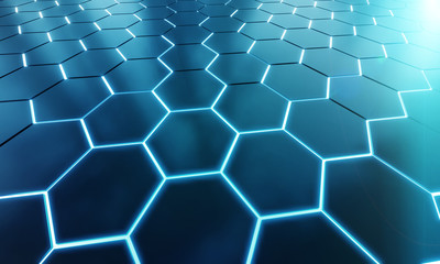 Glowing black and blue hexagons background pattern on silver metal surface 3D rendering