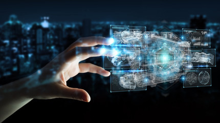 Poster - businesswoman using wireframe holographic 3d digital projection of an engine