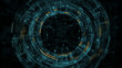© knssr - 3D Rendering of abstract technology product showcase. Glowing yellow and blue color Sci-fi circle circuit hud on dark background. For technology, big data, deep machine learning, crypto currency.