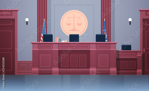 Fotomural empty courtroom with judge workplace chairs and table modern courthouse interior