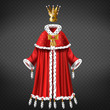Queens, princess royal robe with cape, mantle trimmed ermine fur, decorated tassels, bow with ruby, gold crown inlaid pink perl 3d realistic vector isolated on transparent background. Monarch clothing