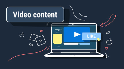 Poster - social media marketing feedback video sharing and marketing content blogging concept laptop screen digital technology sketch doodle horizontal