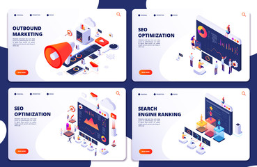 Poster - search engine rank, seo optimization vector isometric landing pages. seo marketing and analytics, on