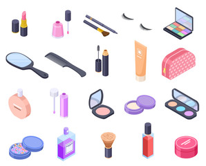 isometric cosmetics. cosmetic product bottle eyeshadow brush blush powder mascara makeup perfume pac