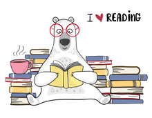 Cute White Bear In Red Glasses Is Reading Book With Pile Of Books