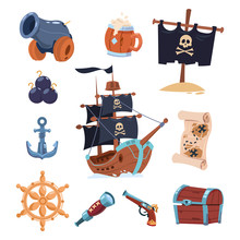 Vector Pirate Paraphernalia Isolated On White Background. Pirate Boat, Skull And Ancho Illustration