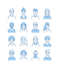 Outline Avatars. Smiling Young People Icons User Flat Line Man Woman Anonymous Faces Man Woman Cute Guy Web Avatar Profile Vector Set. Illustration Of Outline Avatar, User Woman And Man