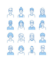 Wall Mural - Outline avatars. Smiling young people icons user flat line man woman anonymous faces man woman cute guy web avatar profile vector set. Illustration of outline avatar, user woman and man
