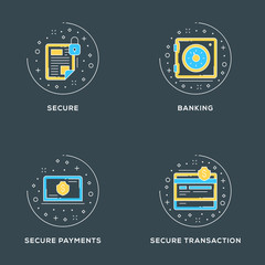 Wall Mural - Secure, banking, secure payments, secure transaction. Set of 4 flat line icons on dark background. Flat line illustration concept for web banner and printed materials. Vector illustration