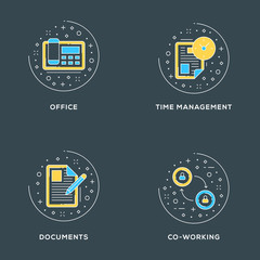 Wall Mural - Office, time management, documents, co-working. Set of 4 flat line icons on dark background. Flat line illustration concept for web banner and printed materials. Vector illustration