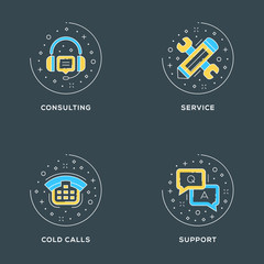 Wall Mural - Consulting, service, cold calls, support. Set of 4 flat line icons on dark background. Flat line illustration concept for web banner and printed materials. Vector illustration