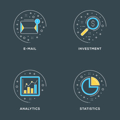 Wall Mural - E-mail, investment, analytics, statistics. Set of 4 flat line icons on dark background. Flat line illustration concept for web banner and printed materials. Vector illustration