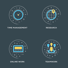 Wall Mural - Time management, research, online work, teamwork. Set of 4 flat line icons on dark background. Flat line illustration concept for web banner and printed materials. Vector illustration