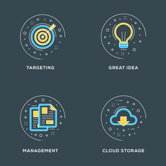 Wall Mural - Targeting, great idea, management, cloud storage. Set of 4 flat line icons on dark background. Flat line illustration concept for web banner and printed materials. Vector illustration
