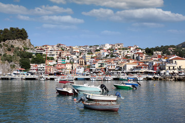 Poster - colorful houses and boats Parga Greece in summer