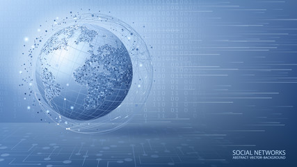 Poster - Global social network. Internet and technology. Virtual reality and modern science. Blue futuristic background with planet Earth.  Effect of glow and movement. Future. Vector. Place for text.