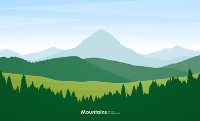 Summer Mountains flat cartoon landscape with pine forest, hills and peak.