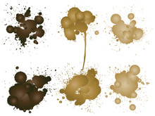 Vector Collection Of Artistic Grungy Paint Drop, Hand Made Creative Splash Or Splatter Stroke Set Isolated White Background. Abstract Grunge Dirty Coffee Stain Group Or Graphic Art Vintage Decoration