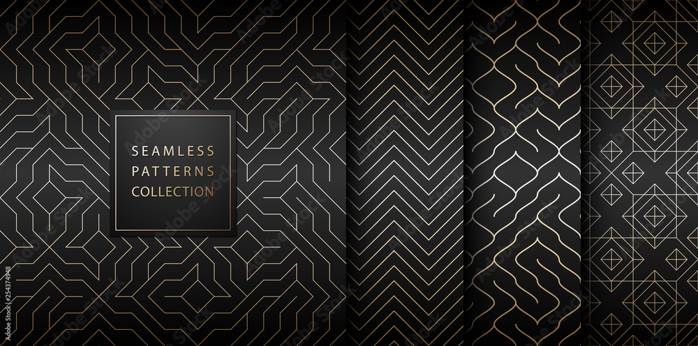 Collection of seamless geometric golden minimalistic patterns. Simple vector graphic black print background. Repeating line abstract texture set. Stylish trellis gold square. Geometry web page fill. - obrazy, fototapety, plakaty 