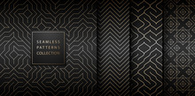 Collection Of Seamless Geometric Golden Minimalistic Patterns. Simple Vector Graphic Black Print Background. Repeating Line Abstract Texture Set. Stylish Trellis Gold Square. Geometry Web Page Fill.