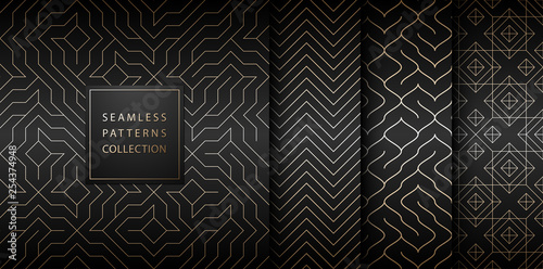 Materiał do szycia Collection of seamless geometric golden minimalistic patterns. Simple vector graphic black print background. Repeating line abstract texture set. Stylish trellis gold square. Geometry web page fill.