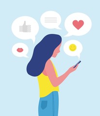Aufkleber - Woman or girl sending and receiving Internet messages on smartphone or texting on mobile phone. Online communication on social network and media, instant messaging. Flat cartoon vector illustration.