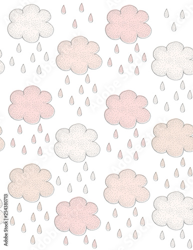 Foto-Schiebegardine Komplettsystem - Fluffy Hand Drawn Clouds with Big Rain Drops Isolated on a White Background. Cute Baby Shower Vector Illustartion.Lovely Dotted Clouds with Gray Outline.Pink and Beige Clouds Vector Pattern. (von Magdalena)