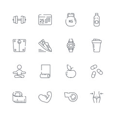 Wall Mural - sport icons. fitness athlete nutrition aerobics fit coaching healthy food vector thin line symbols. 
