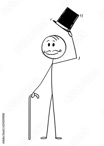 Fotomural Cartoon stick figure drawing conceptual illustration of greeting gentleman, man or businessman with retro top hat, mustache and walking cane