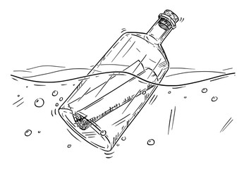 cartoon drawing illustration of paper message in old glass bottle floating in ocean.