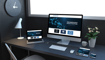 Poster - navy blue responsive devices on desktop showing technology website