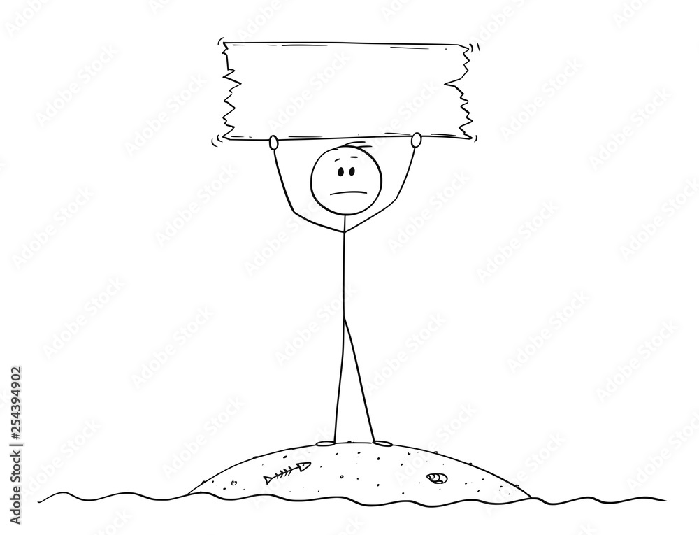 Cartoon stick figure drawing conceptual illustration of castaway man ...