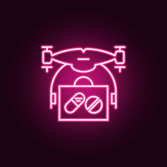 Sticker - drone with medicines icon. Elements of Drones in neon style icons. Simple icon for websites, web design, mobile app, info graphics