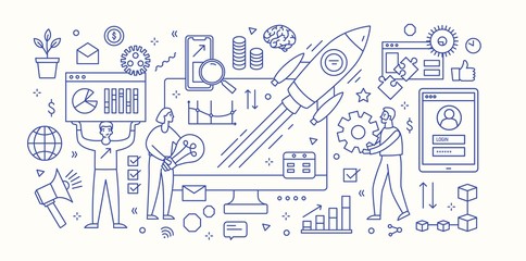 Aufkleber - Modern banner template with computer, diagrams, charts, flying spacecraft and group of people working under innovative startup business project launch. Monochrome vector illustration in linear style.
